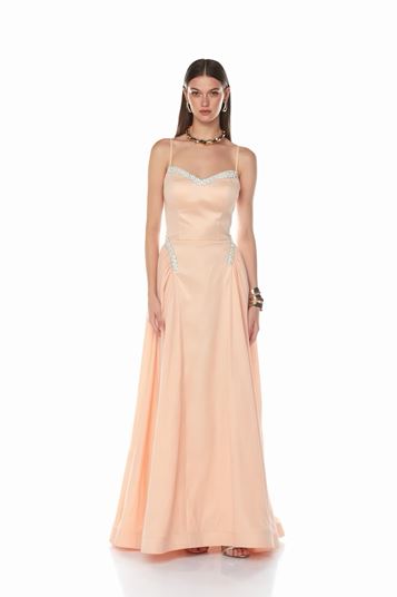 Salmoncolored Taffeta Evening Dress with Stone Embellishments